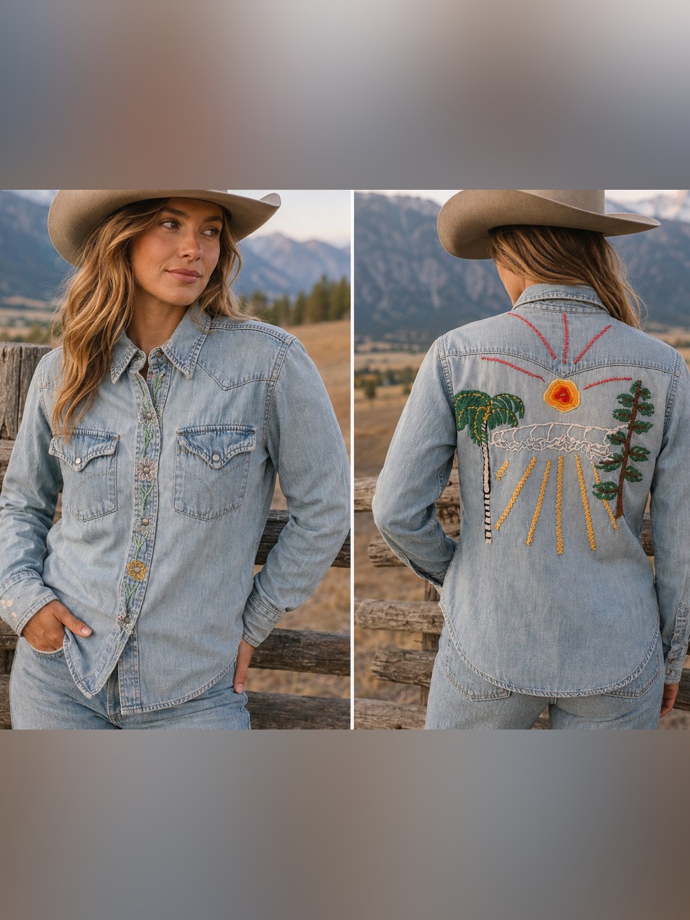 Vintage MH JCPenny Women's Light Wash Embroidered Denim Shirt S